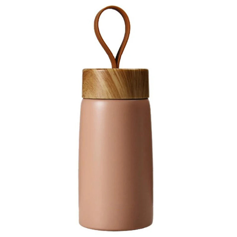 Mini Bouteille Isotherme Couvercle en Bambou Rose