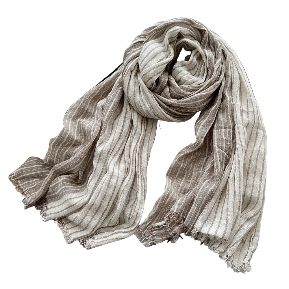 Écharpe Rayée en Coton et Lin Beige